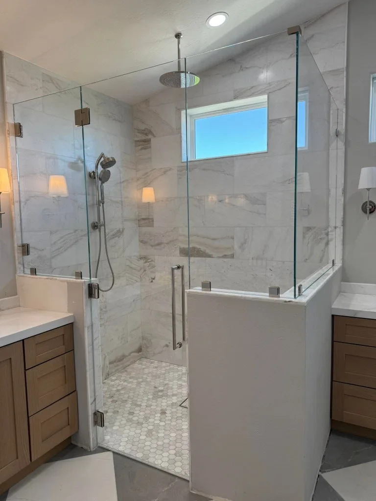 Shower glass panel detail from a Milpitas install